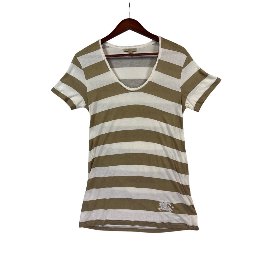 Burberry Brit Tan White Striped V-Neck T-Shirt Short Sleeve Womens Large L EUC